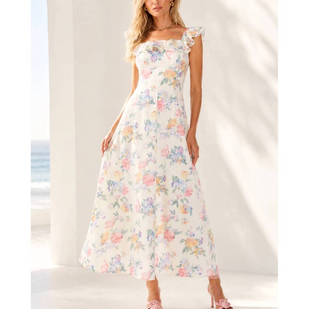 NEW SOFIE THE LABEL watercolor roses maxi dress in white